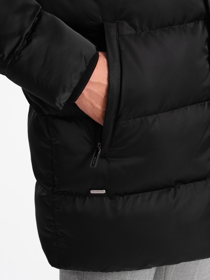 Jachetă lungă de iarnă matlasată pentru bărbați cu finisaj satinat - negru V3 OM-JALJ-0147