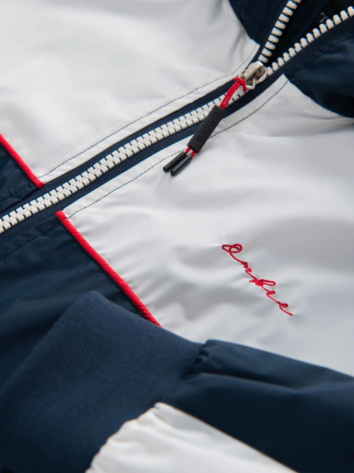 Men's contrast windbreaker jacket with hood - navy blue and white V1 OM-JANP-0228