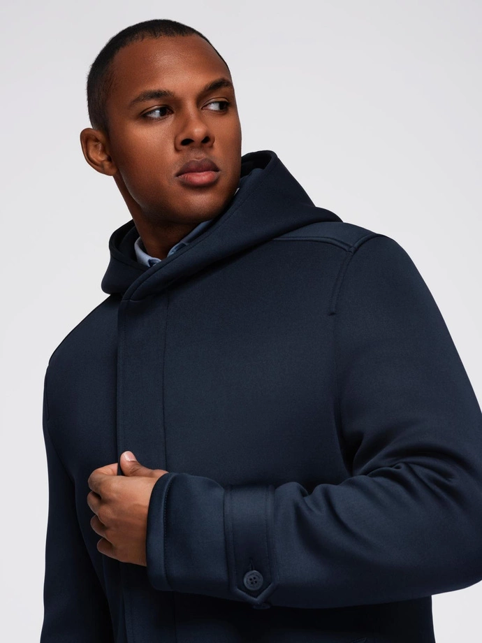 Minimalist men's mid-length coat with hood - navy blue V5 OM-COLC-0144