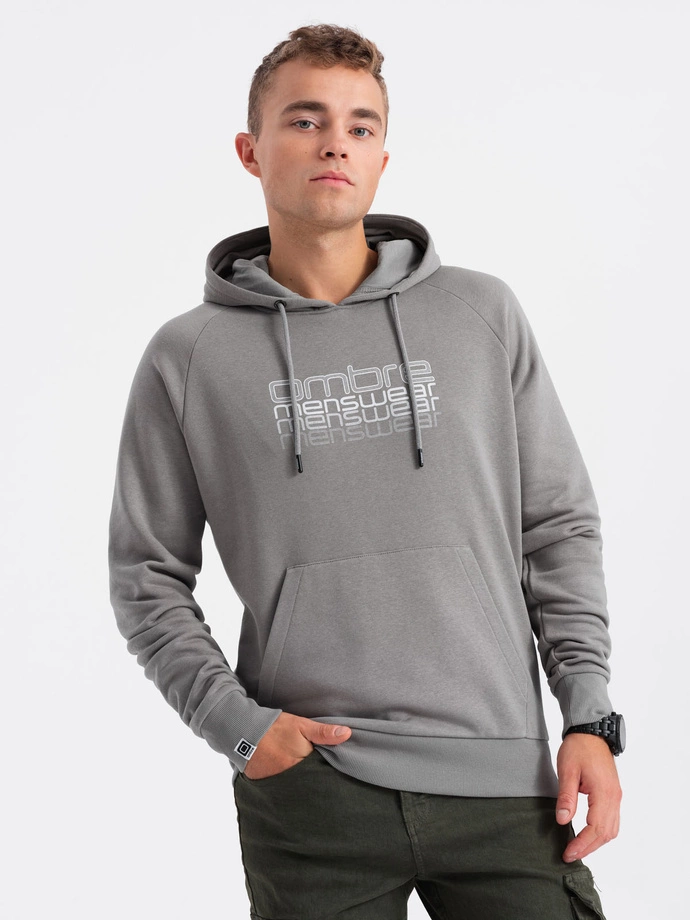 Men's non-stretch hooded sweatshirt with print - grey V2 OM-SSPS-0153