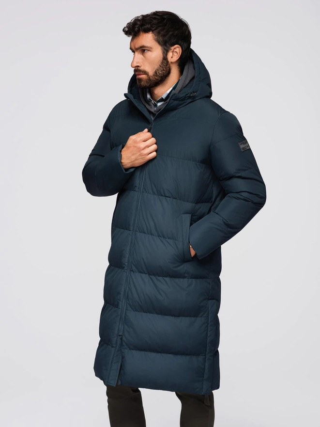 Classic men's long hooded jacket - navy blue V2 OM-JALJ-0269
