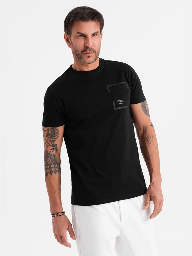 Men's cotton t-shirt with pocket print - black V1 OM-TSPT-0154
