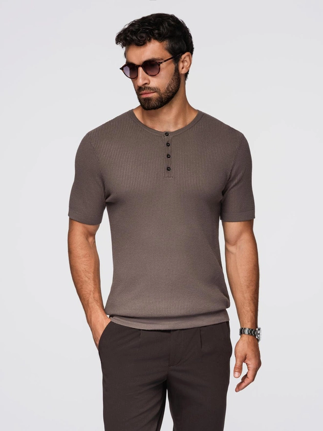 Tricou tricotat pentru bărbați cu nasturi la decolteu - cenușă V4 OM-TSCT-0254