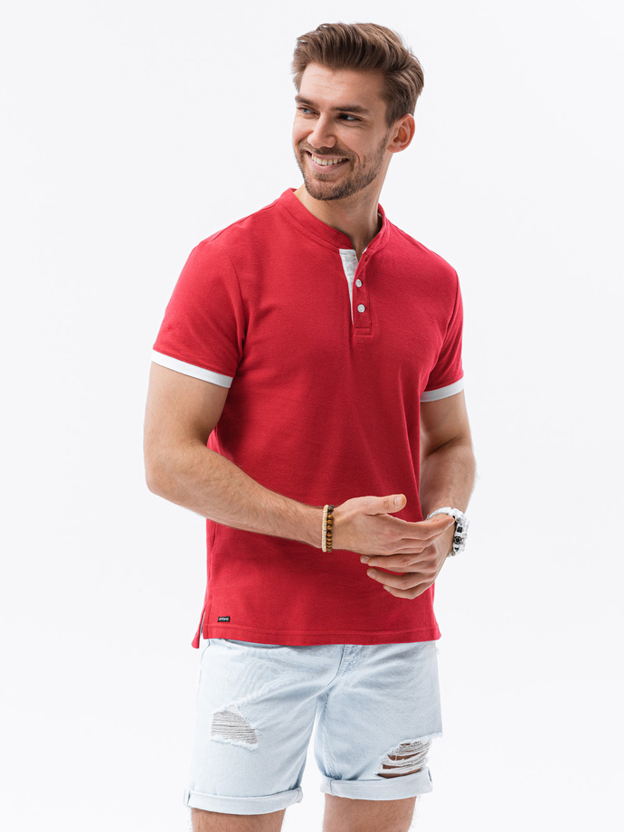 Men's collarless polo t-shirt - red V2 S1381