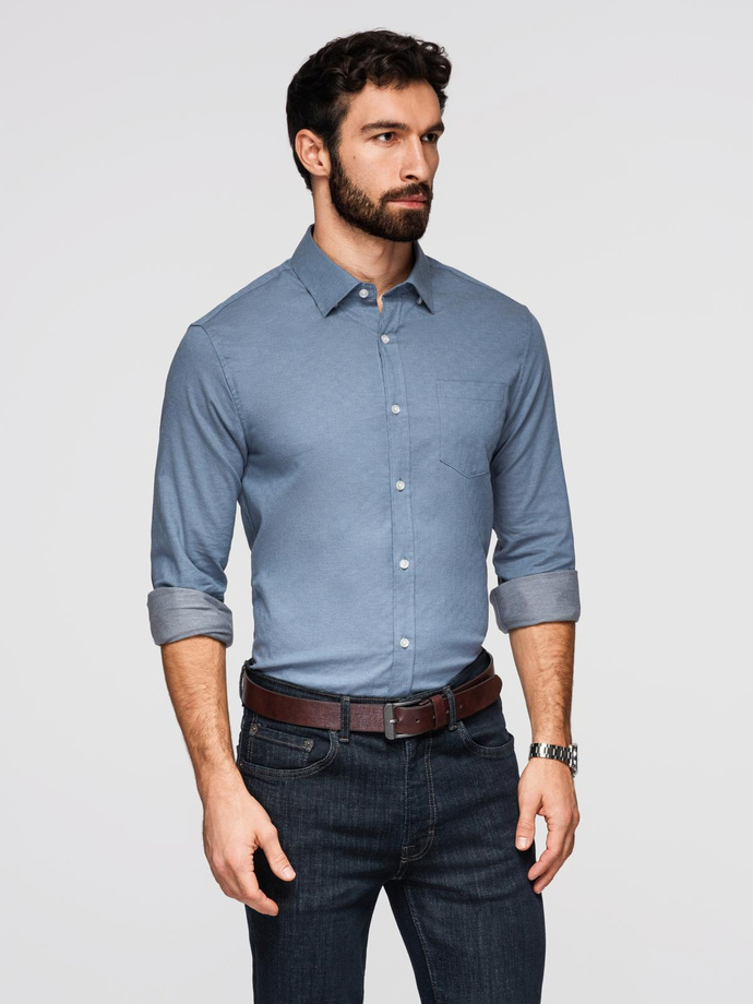 Pánská košile SLIM FIT z ozdobné tkaniny s kapsou - modrá OM-SHCS-0174