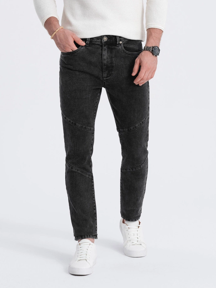 Pantaloni bărbătești slim fit din denim cu cusături la genunchi - negru V2 OM-PADP-0109