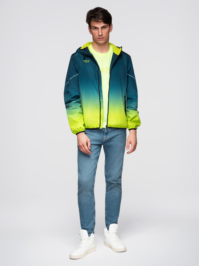 Men's ombre sports jacket with reflectors and fleece lining - turquoise and lime green V1 C641