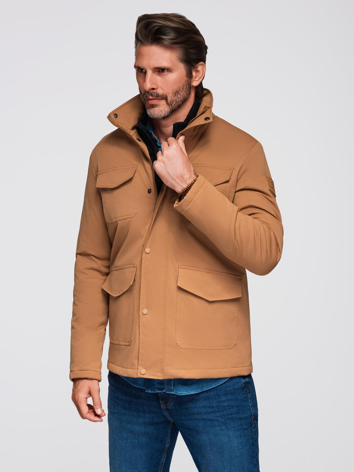 Men's lightweight jacket with pockets and high collar - brown V5 OM-JALP-0167