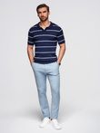 Men's horizontal striped polo shirt with viscose - navy blue and white V1 OM-POSS-0145