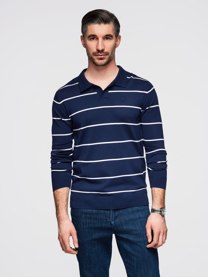 Men's horizontal striped polo longsleeve with viscose - navy blue and white V1 OM-POLS-0146
