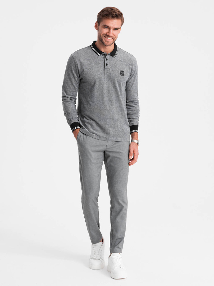 Men's melange polo longsleeve with embroidery - black melange V1 OM-POLS-0129
