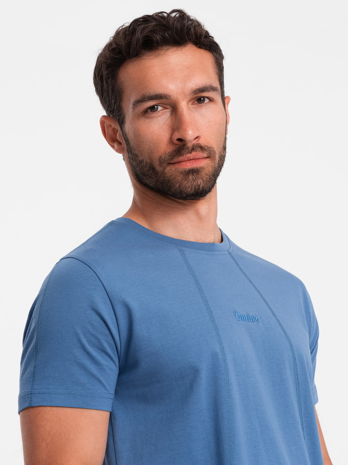 Men's cotton T-shirt with fine embroidery - dark blue V6 OM-TSCT-0170