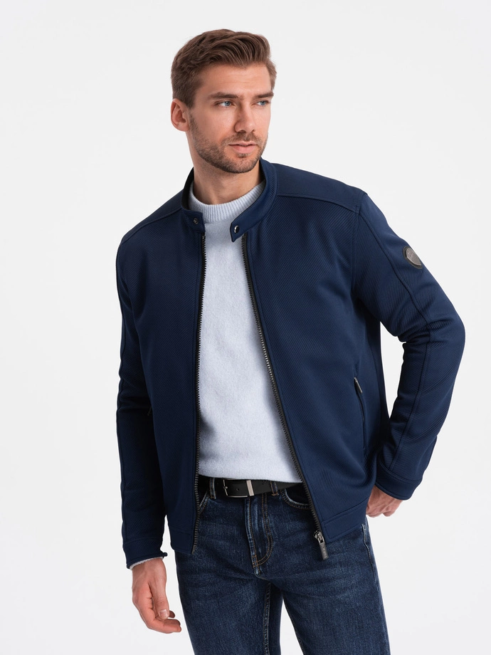 Men's BIKER jacket in structured fabric - navy blue V3 OM-JANP-0138