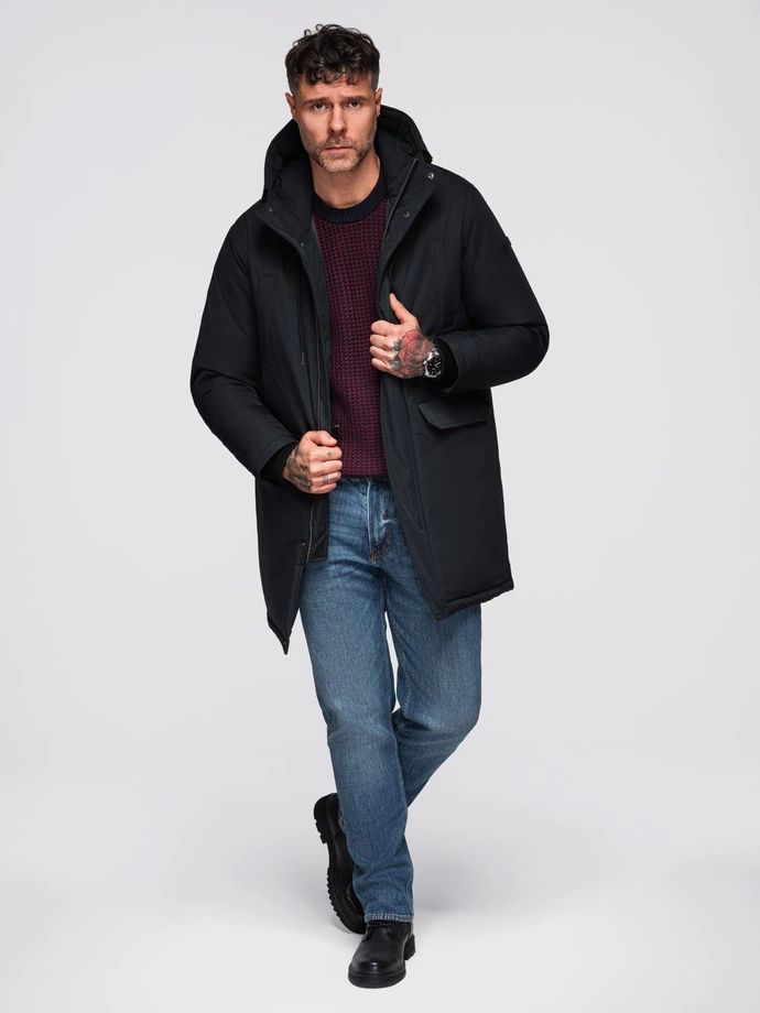 Men's faux leather jacket with ribbed bottom hem - black V2 OM-JAFL-0109