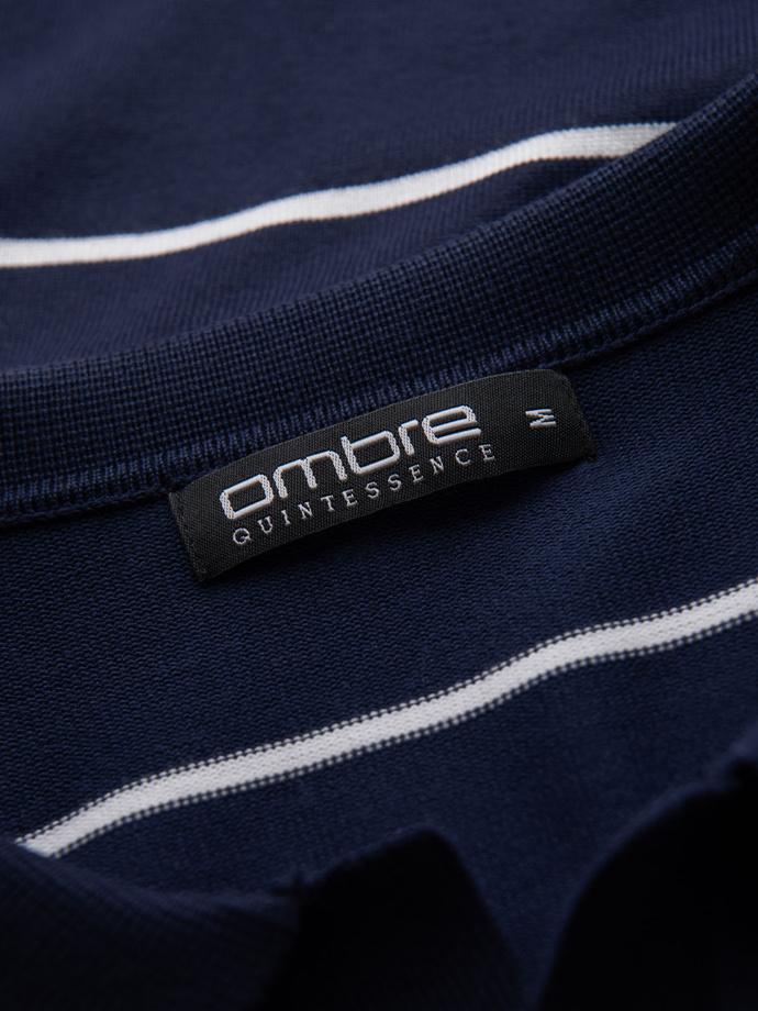 Vyriškas polo su horizontaliais dryžiais ir ilgomis rankovėmis iš viskozės - tamsiai mėlyna ir balta V1 OM-POLS-0146