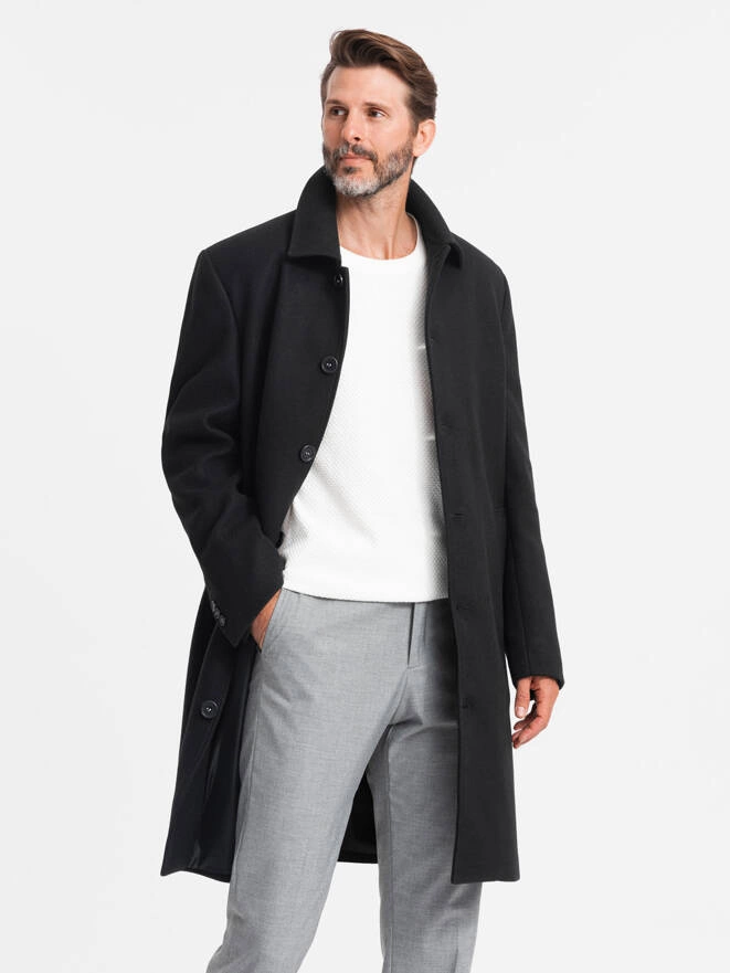 Men's long single-breasted coat with collar and undercoat - black V1 OM-COWC-0106