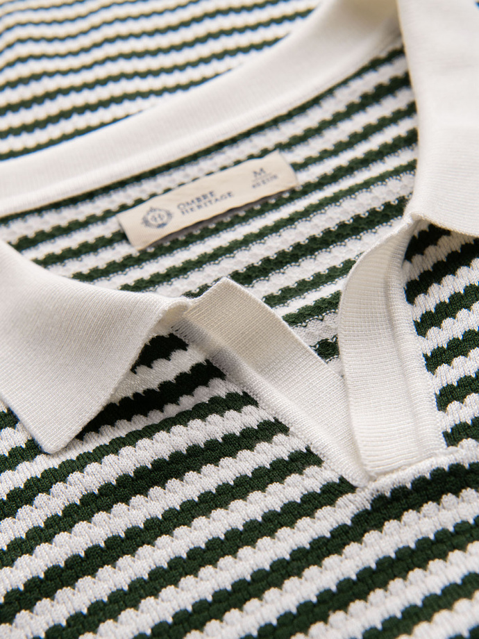 Men's knitted buttonless polo shirt with navy stripes - white and olive V3 OM-POSS-0161
