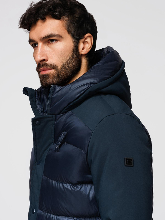Men's quilted long jacket with large pockets - navy blue V4 OM-JALJ-0165