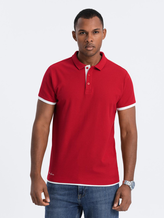 Tricou polo bărbătesc din bumbac cu ornamente contrastante - roșu V2 OM-POSS-0113