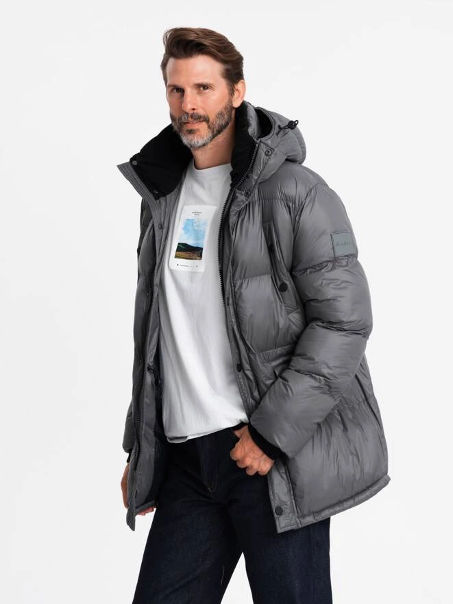 Men's long puffer jacket with snap pockets - graphite V1 OM-JALJ-0186