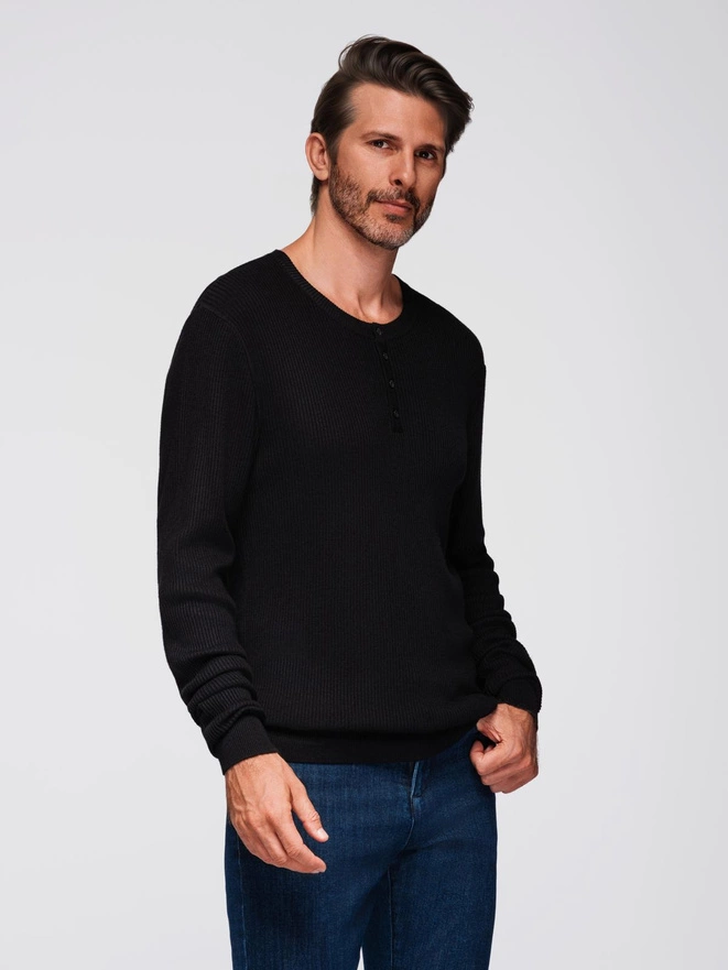 Pulover bărbătesc costeliv cu nasturi la decolteu - negru V2 OM-SWSW-0182