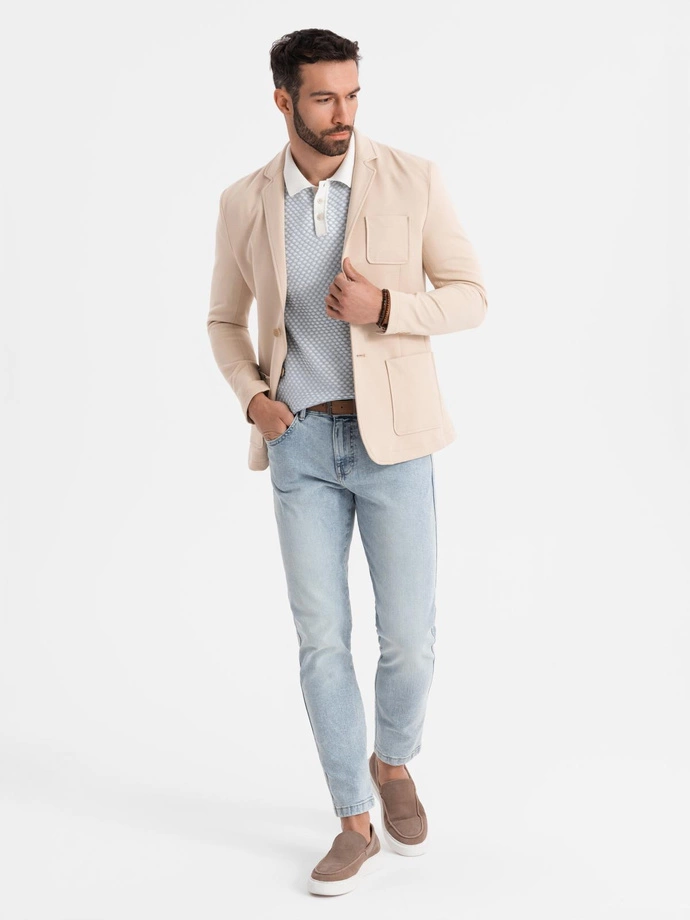 Men's SLIM knit jacket with subtle texture - beige V5 OM-BLZB-0101