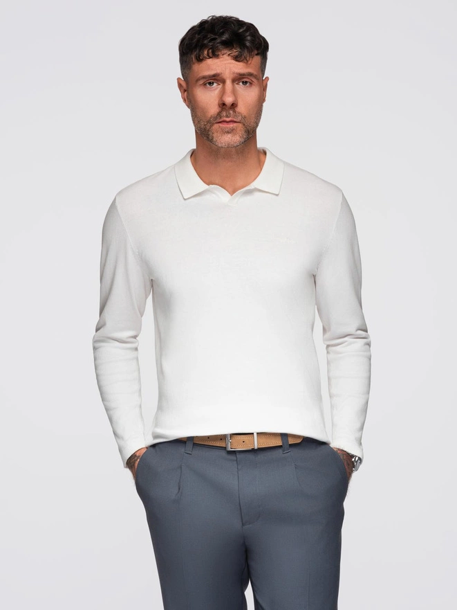 Men's polo sweater with embroidery on chest - white V2 OM-POLS-0140