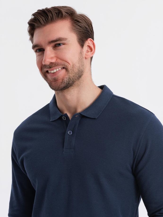 Men's BASIC longsleeve with polo collar - navy blue V3 OM-POBL-0114