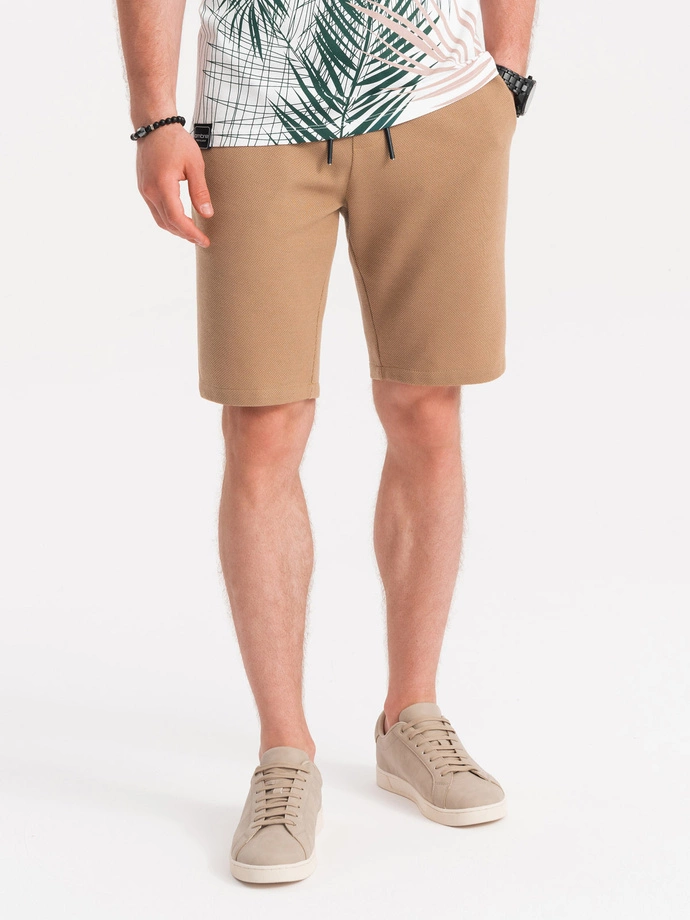 Men's knitted shorts with decorative elastic waistband - light brown V4 OM-SRCS-0110