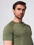 Men's t-shirt with wash effect and buttons at neckline - olive V4 OM-TSWT-0150
