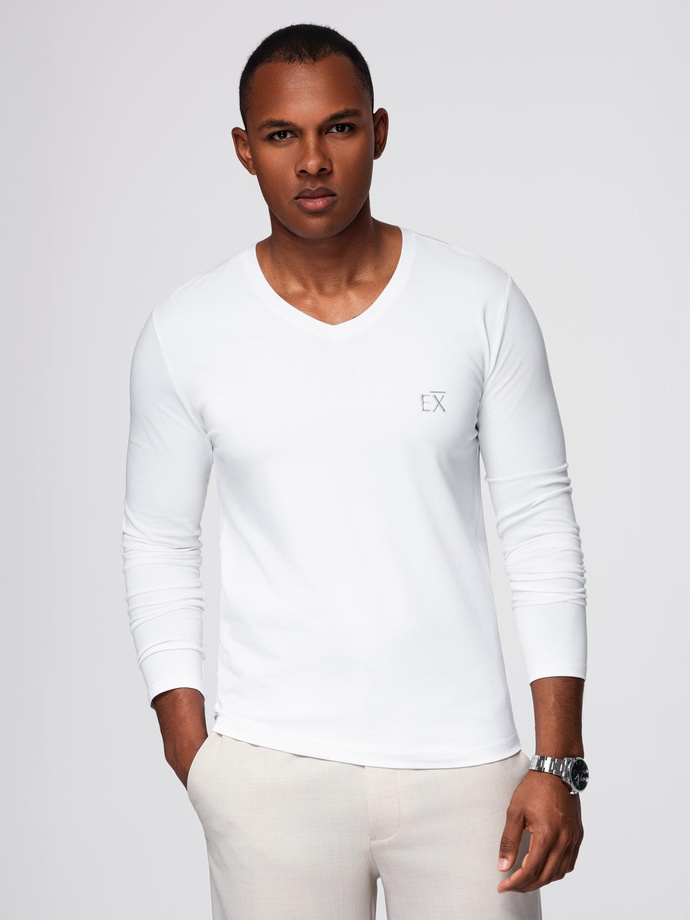 Men's V-neck SLIM FIT longsleeve with elastane and print - white V2 OM-LSBC-0123