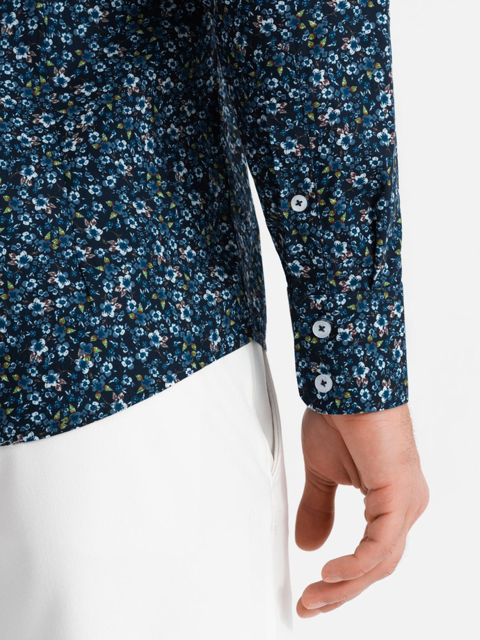 Men's SLIM FIT patterned cotton shirt - dark blue V1 OM-SHCS-0151