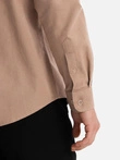 Men's linen shirt with classic collar and pockets REGULAR FIT - light brown V7 OM-SHCS-0134