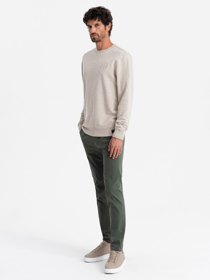 Pánská melanžová mikina s vyšitým logem - béžová V2 OM-SSNZ-0163