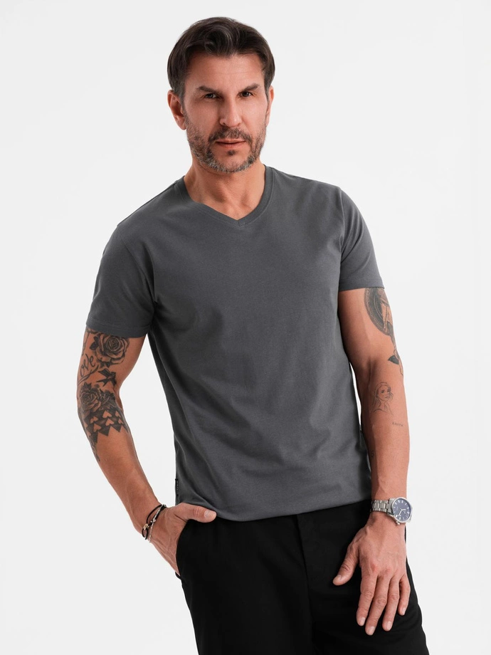 Bumbac clasic pentru bărbați BASIC tricou cu guler în V - maro V10 OM-TSBS-0145