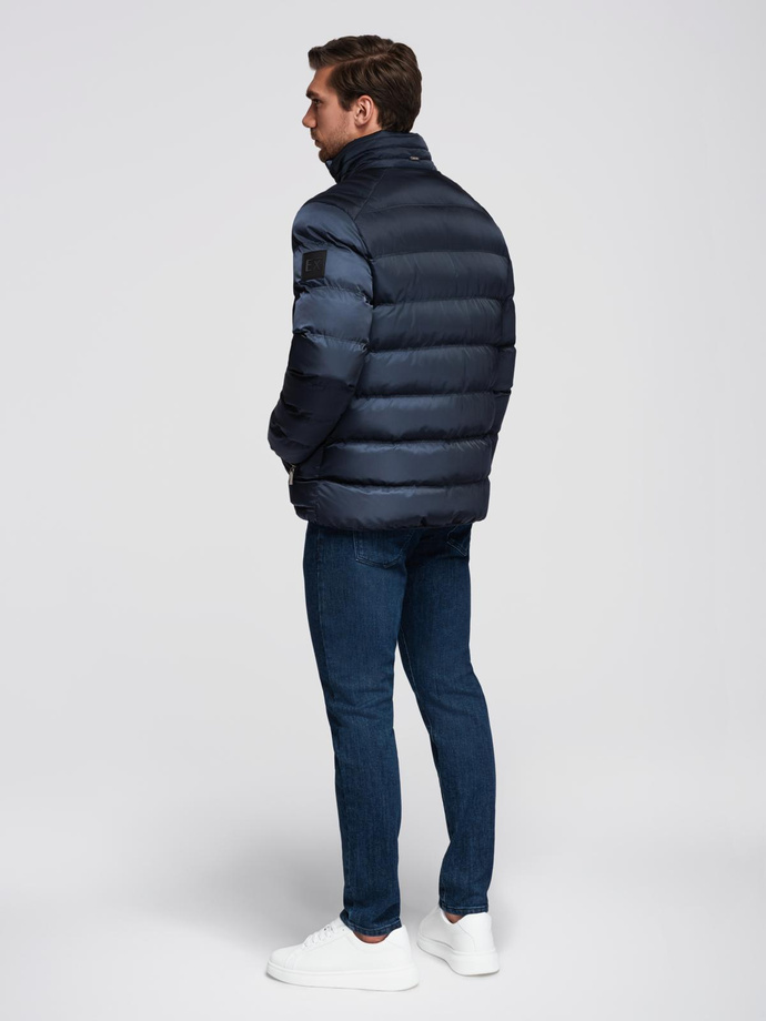 Men's quilted jacket with sheen and stand-up collar - dark blue V2 OM-JALP-0218