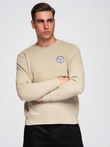 Men's non-stretch sweatshirt with college style patch - sand V3 OM-SSNZ-0134