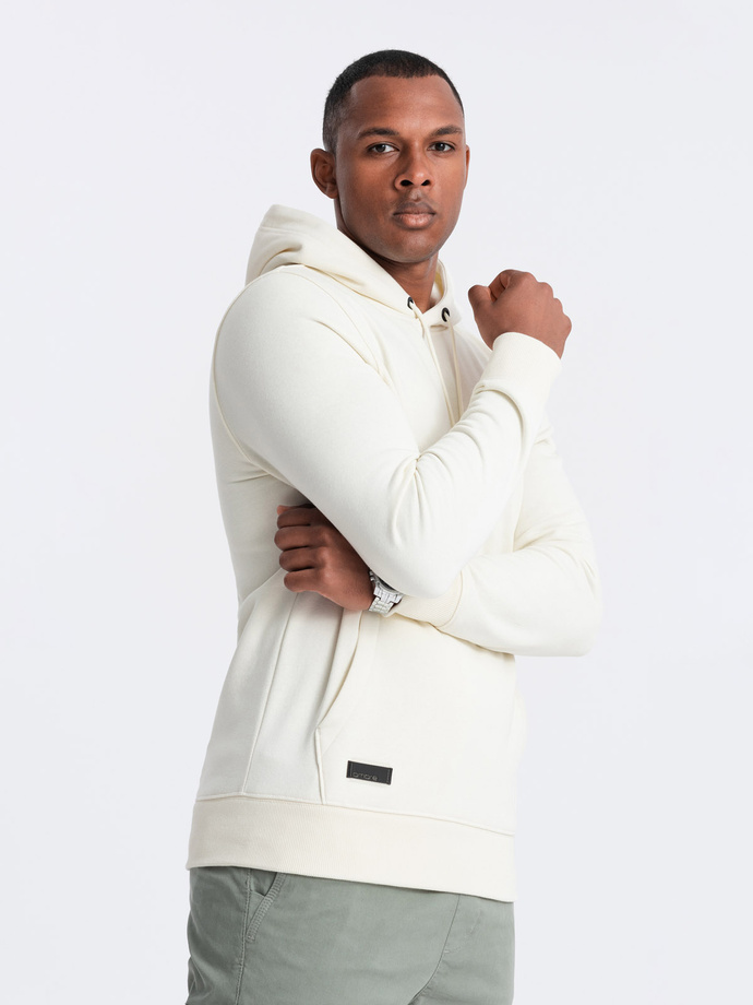 Men's BASIC cotton kangaroo hooded sweatshirt - cream V5 OM-SSBN-0161
