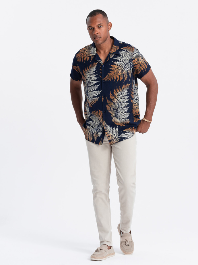 Men's patterned viscose shirt with short sleeves - fern V3 OM-SHPS-0113