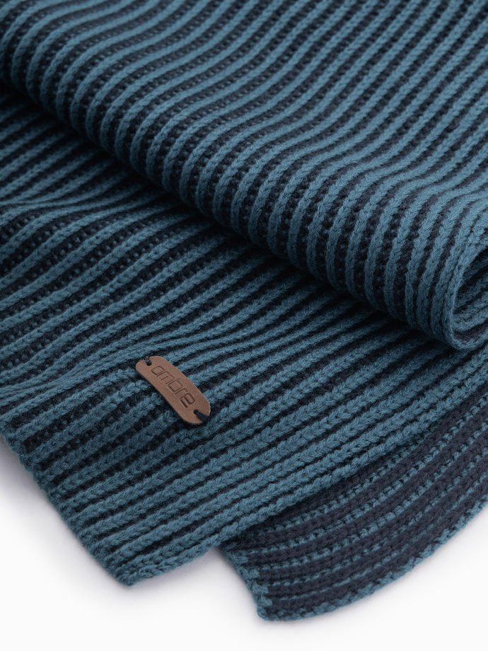 Knitted men's two-tone striped scarf - navy blue and sea V2 OM-ACSF-0114