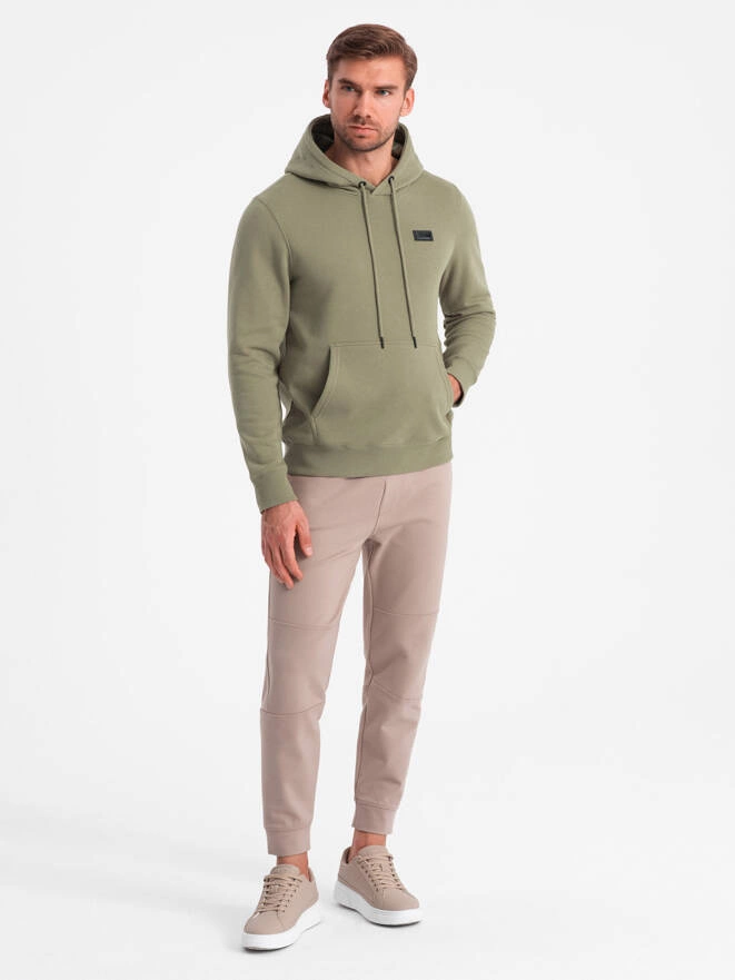 Men's kangaroo sweatshirt with hood and metal pin - olive V2 OM-SSNZ-0141