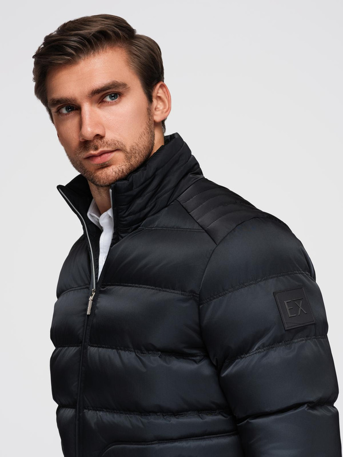 Men's quilted jacket with gloss and stand-up collar - black V1 OM-JALP-0218