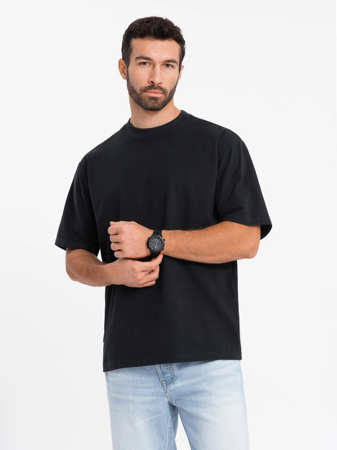 Tricou LOOSE FIT din bumbac pentru bărbați cu decolteu rotund - negru V1 OM-TSBC-0234 