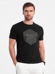 Pánske bavlnené tričko s geometrickou potlačou a logom - čierne V2 OM-TSPT-0141