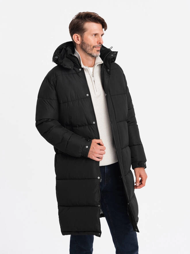 Men's quilted long jacket with detachable hood - black V1 OM-JALJ-0190