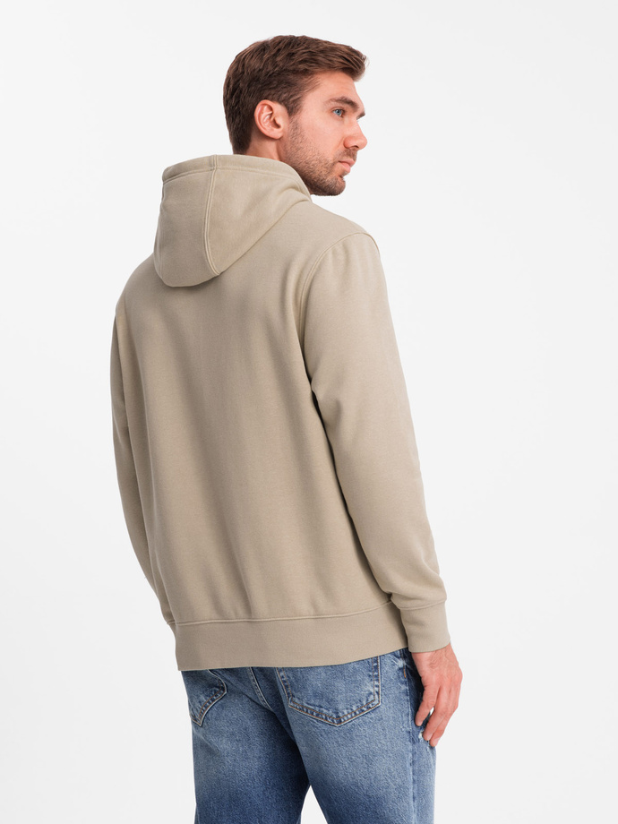 Men's kangaroo sweatshirt with hood and college style patch - sand V3 OM-SSNZ-0144
