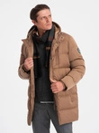 Pánska dlhá zimná prešívaná bunda so saténovým povrchom - svetlohnedá V2 OM-JALJ-0147
