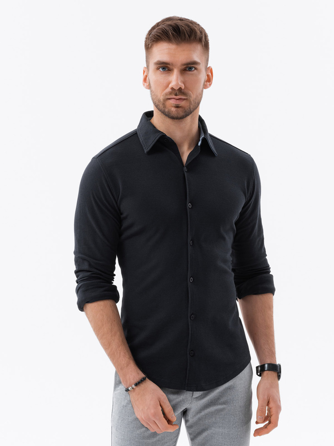 Pánska pletená košeľa SLIM FIT s dlhým rukávom - čierna V4 OM-SHCS-0177