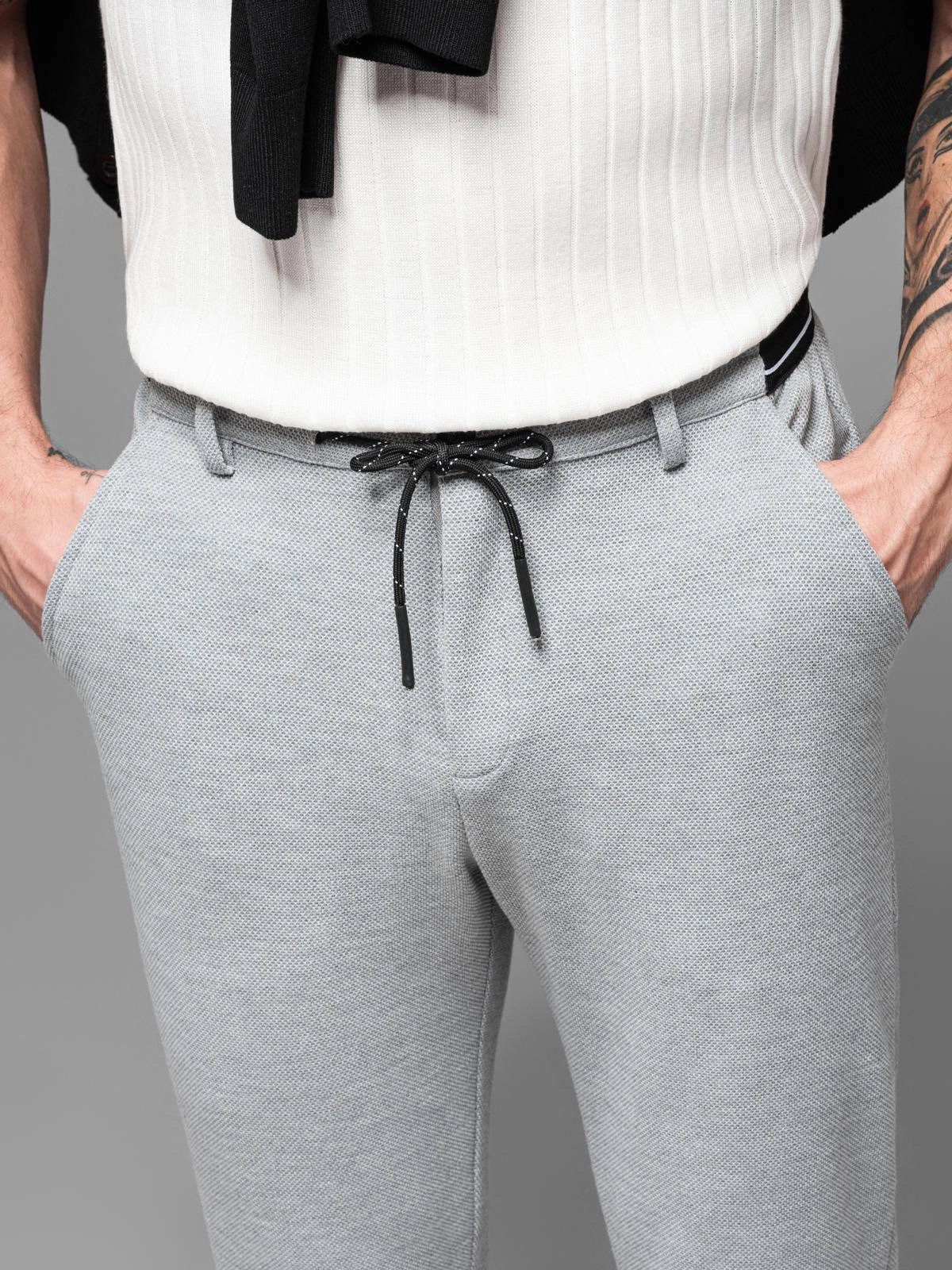 Men's knitted pants with elastic waistband - light grey V1