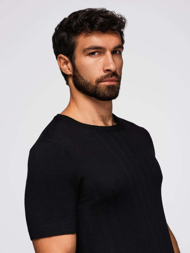 Men's openwork sweater with round neckline and short sleeves - black V2 OM-TSCT-0251